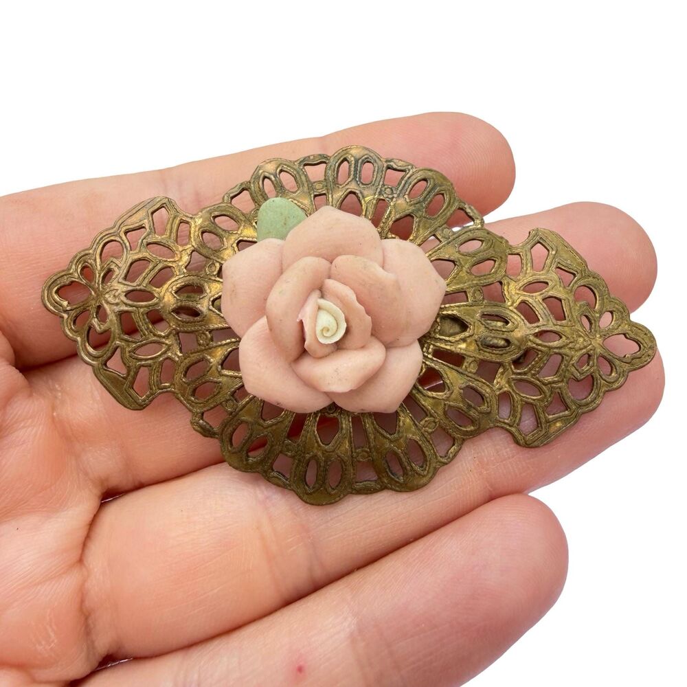 Vintage Jewelry Pink Porcelain Bisque Rose Brooch Gold Tone Filigree Accent